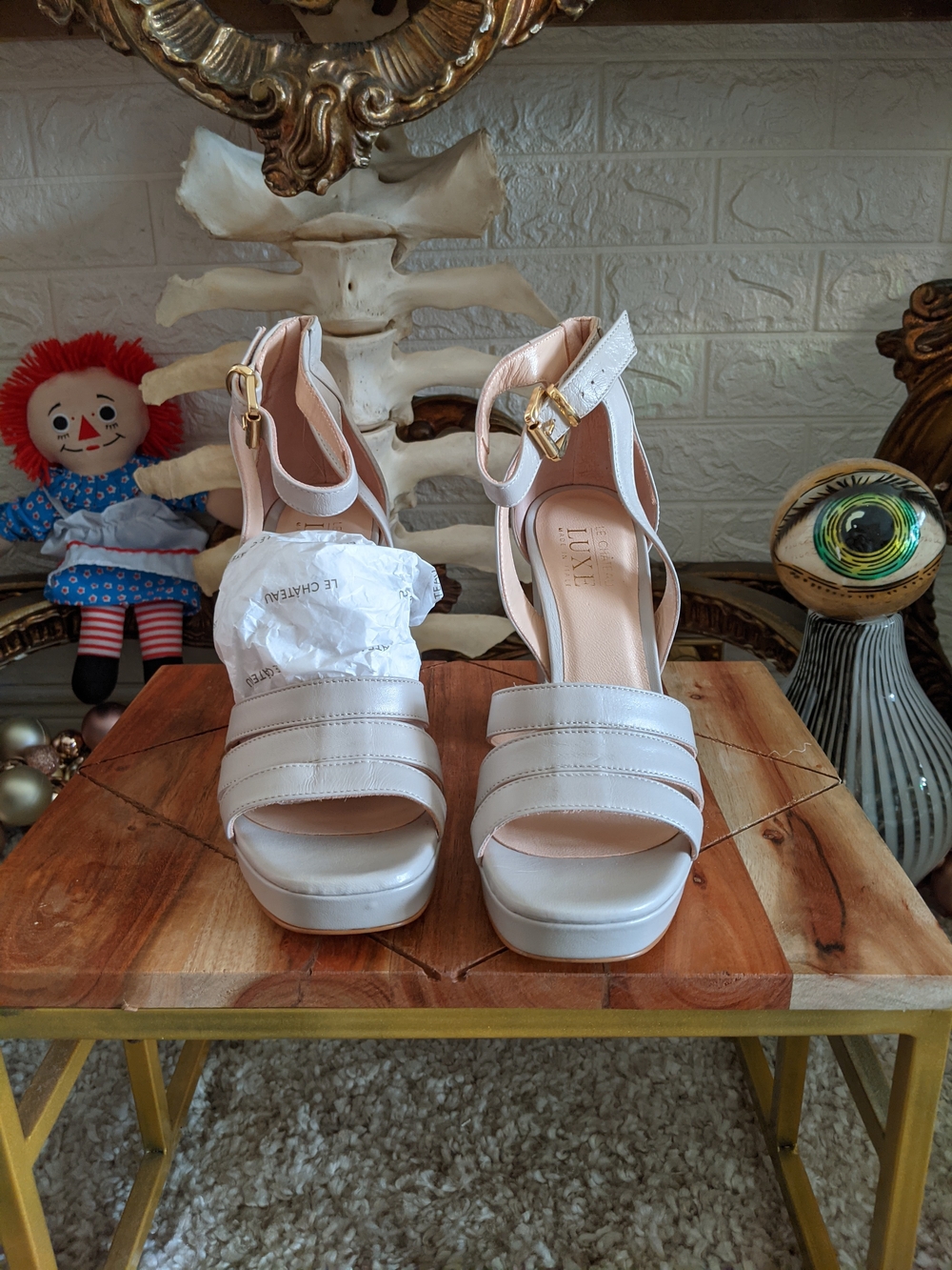 Le Chateau X Luxe White Leather Ankle-Strap Platform Sandals